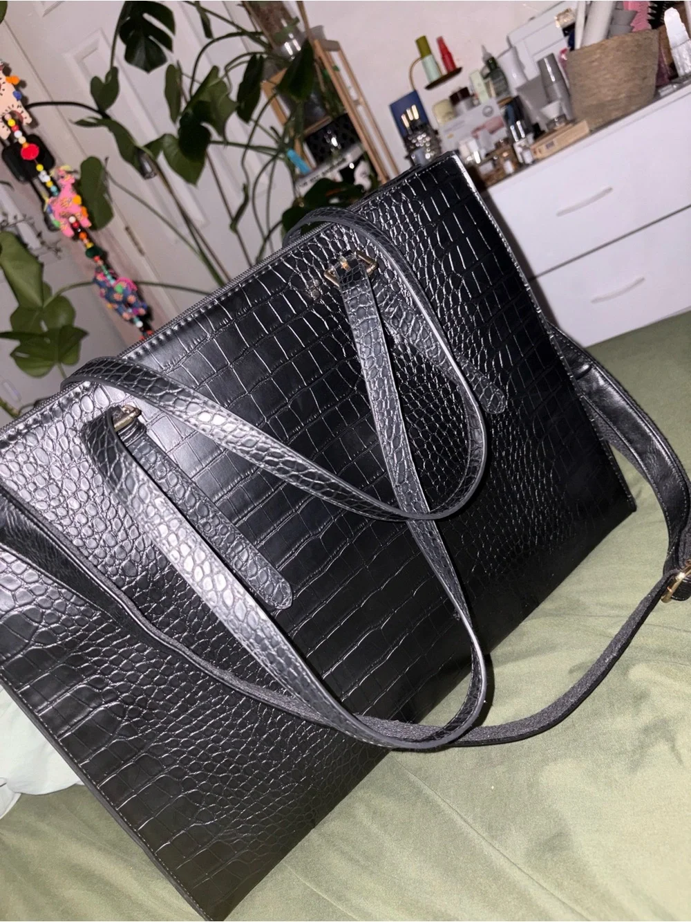 Black Croc-Embossed Laptop/Tote Bag - Women